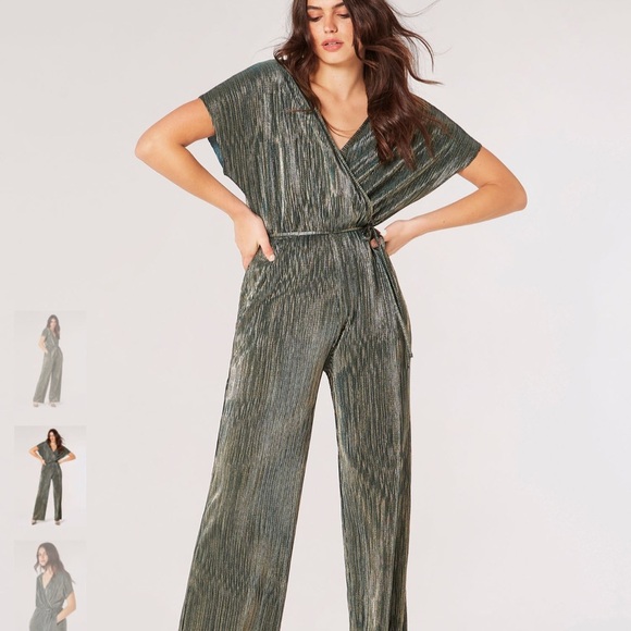 Apricot Metallic Plisse Wrap Jumpsuit Wide Leg Green Gold Size US 8 - Picture 1 of 15